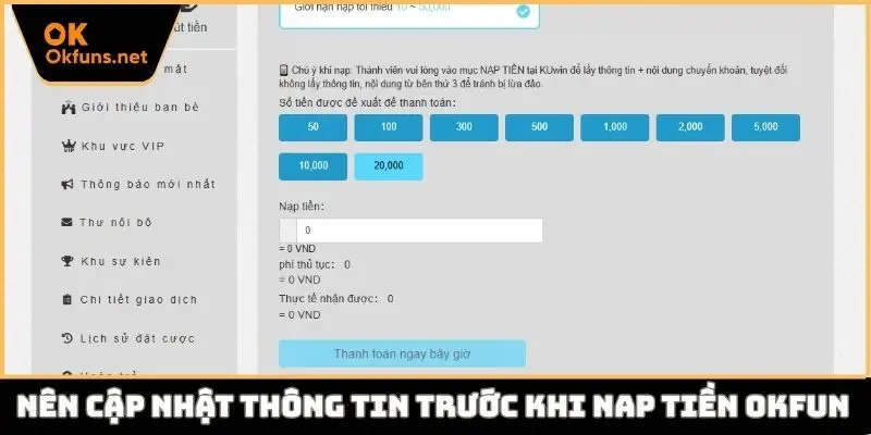 Nên cập nhật thông tin trước khi nap tiền Okfun